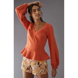 Anthropologie Maeve V Neck Peplum Sweatshirt Orange Size Large